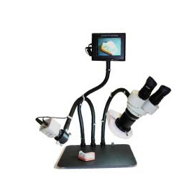 Bend-E 5X/10X scope with fluorescent ring light on arm plus e-VID camera on arm, plus 5� screen on arm-table base