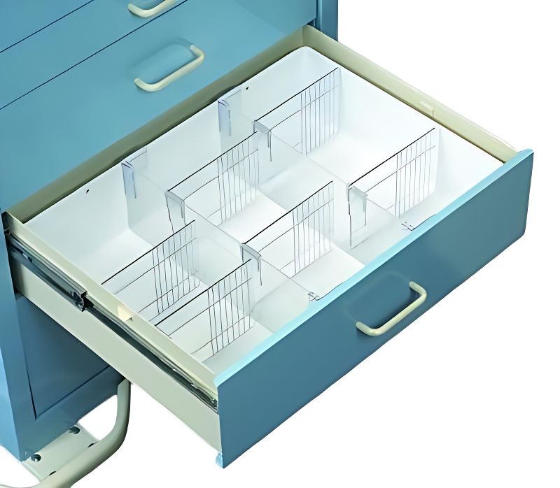 Medical Cart Accessory 6in Full Drawer Tray 2 rails  6 Dividers